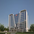 Modern High Rise Hospital Building with Glass Curtain Walls Red Cross Symbol and Trees