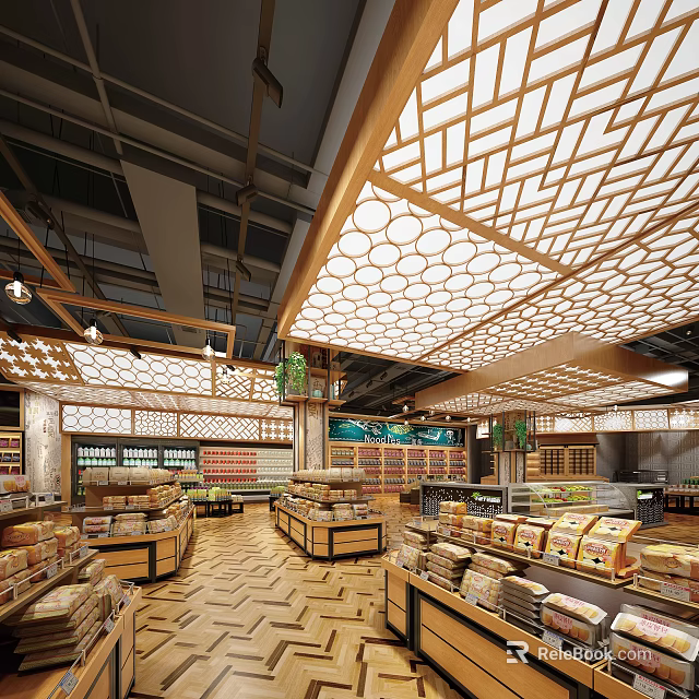Spacious Supermarket Interior With Wooden Lattice Ceiling Circular Light Panels Green Plants And Stocked Shelves 3d model 