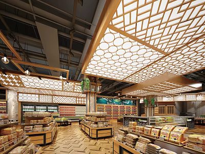 Spacious Supermarket Interior With Wooden Lattice Ceiling Circular Light Panels Green Plants And Stocked Shelves 3d model
