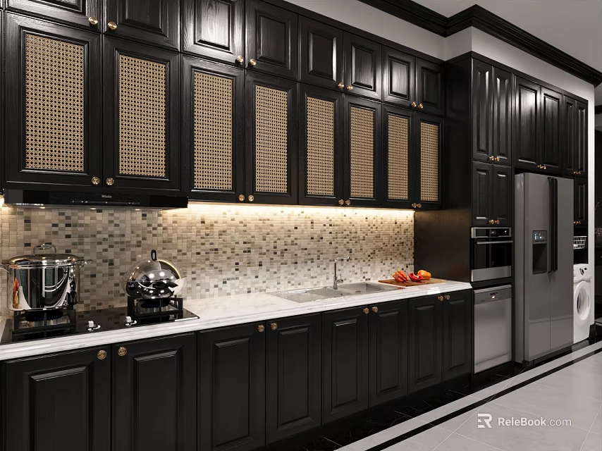 Modern Kitchen With Black Cabinets Rattan Doors Mosaic Tile Backsplash Stainless Steel Appliances White Countertops 3d model 