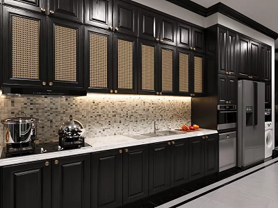 Modern Kitchen With Black Cabinets Rattan Doors Mosaic Tile Backsplash Stainless Steel Appliances White Countertops 3d model