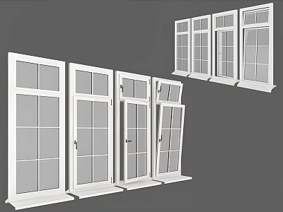 White Casement Windows Featuring Various Pane Patterns And Hinged Opening Design For Home Use 3d model