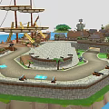 3D Rendered Coastal Scene Featuring Small Houses Wooden Dock Sailing Ship And Island
