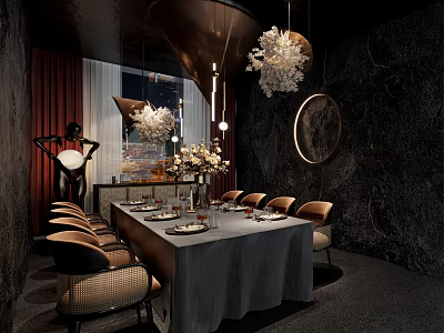 Luxurious Private Dining Room Featuring Long Dining Table Gray Tablecloth Brown Chairs Tableware And Chandeliers 3d model