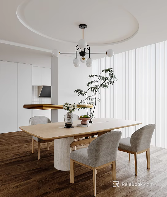 Elegant Modern Restaurant Interior With Wooden Dining Table Gray Chairs Pendant Light And Potted Plant 3d model 