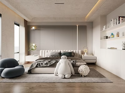 Modern Minimalist Bedroom Interior With Bed Pillows Rug Stuffed Toys Gray Walls And White Cabinets 3d model
