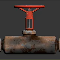 Rusted Metal Valve Featuring Red Wheel Handle And Industrial Design Elements