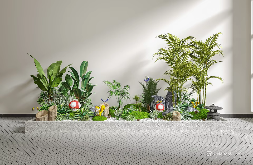 Creative Garden Miniature Setup With Various Green Plants Palm Trees Decorative Stones And Small Lanterns 3d model 