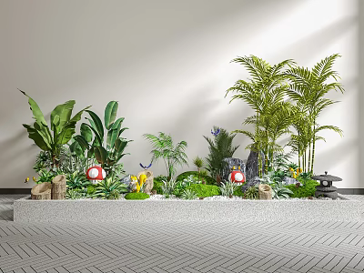 Creative Garden Miniature Setup With Various Green Plants Palm Trees Decorative Stones And Small Lanterns 3d model