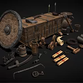 Vintage Wooden Chest Surrounded By Antique Shield Tools Pottery Jug And Scrolls