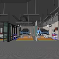 4S Dealership Interior With Parked Red Sports Cars Service Area And Maintenance Equipment