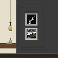 Abstract Paintings On Dark Wall With Decorative Frames Wooden Shelf And Pendant Light