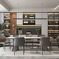 Elegant Modern Restaurant Interior With Marble Dining Table Chairs Pendant Lights Wine Cabinet And Green Plants
