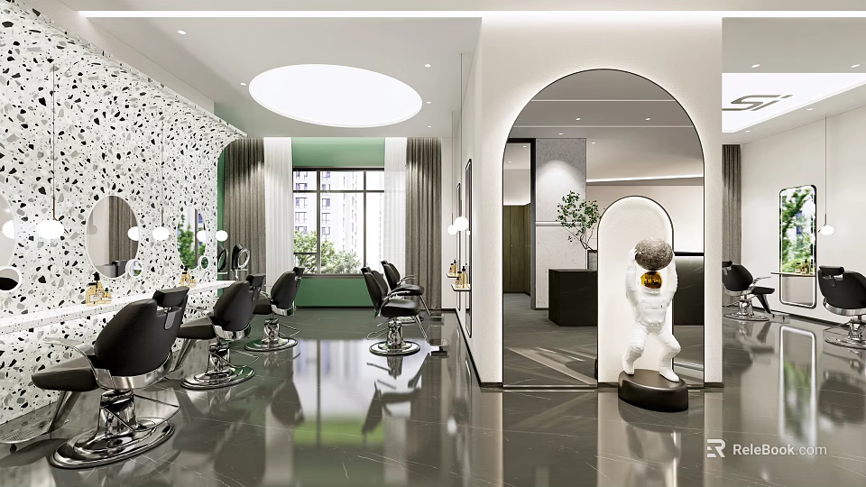 Elegant Modern Beauty Salon Interior With Hairdressing Chairs Mirrors Green Curtains And Windows 3d model 
