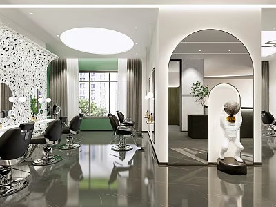 Elegant Modern Beauty Salon Interior With Hairdressing Chairs Mirrors Green Curtains And Windows 3d model