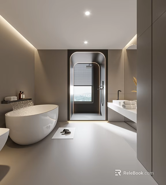 Elegant Modern Bathroom Featuring Freestanding Bathtub Large Mirror White Vanity Glass Shower And Natural Light 3d model 