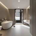 Elegant Modern Bathroom Featuring Freestanding Bathtub Large Mirror White Vanity Glass Shower And Natural Light