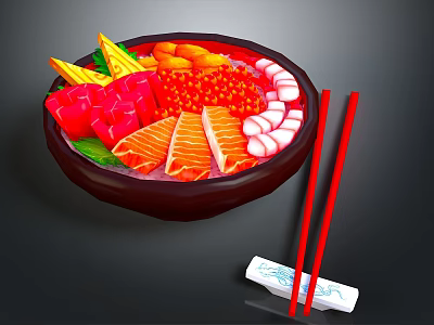 Fresh Sashimi Bowl with Salmon Tuna Fish Roe and Vegetables Served with Red Chopsticks 3d model