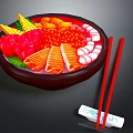 Fresh Sashimi Bowl with Salmon Tuna Fish Roe and Vegetables Served with Red Chopsticks