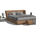 Modern Brown Double Bed Interior With Gray Bedding Nightstand Lamp And Ottoman 3d model