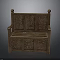 Traditional Wooden Bench With Carved Backrest Spherical Armrests And Storage Compartment