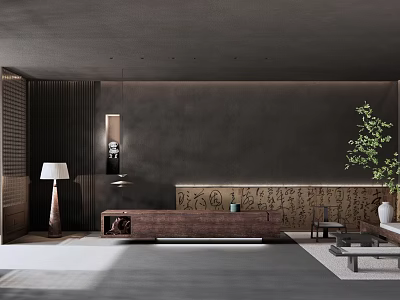 Modern Hotel Lobby Interior Design With Gray Walls Wooden Bench Hanging Lamps And Green Plant 3d model