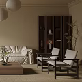 Modern Living Room Interior With Beige Sofa White Pendant Lights Wooden Bookshelf And Herringbone Floor