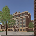 Red Brick School Buildings With Football Field Running Track And Trees In Clear Blue Sky