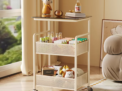 White Multi Tiered Rolling Mesh Shelf with Decorations Books and Storage Boxes in Living Room 3d model