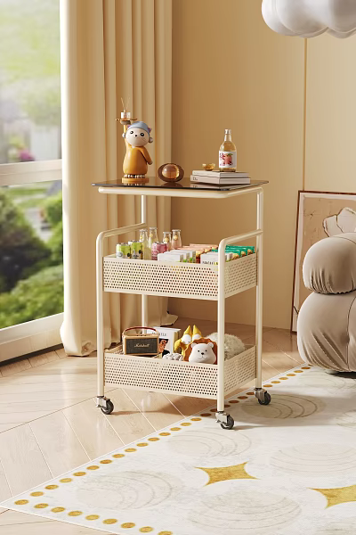 White Multi Tiered Rolling Mesh Shelf with Decorations Books and Storage Boxes in Living Room 3d model