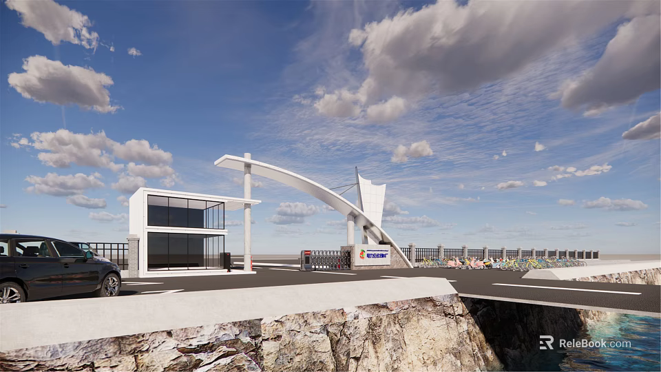 Modern Entrance Gate With Glass Building Arch Design And Urban Skyline View 3d model 