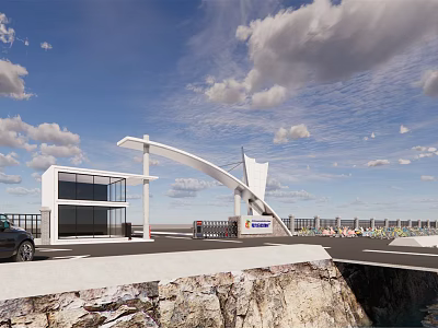 Modern Entrance Gate With Glass Building Arch Design And Urban Skyline View 3d model