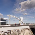 Modern Entrance Gate With Glass Building Arch Design And Urban Skyline View