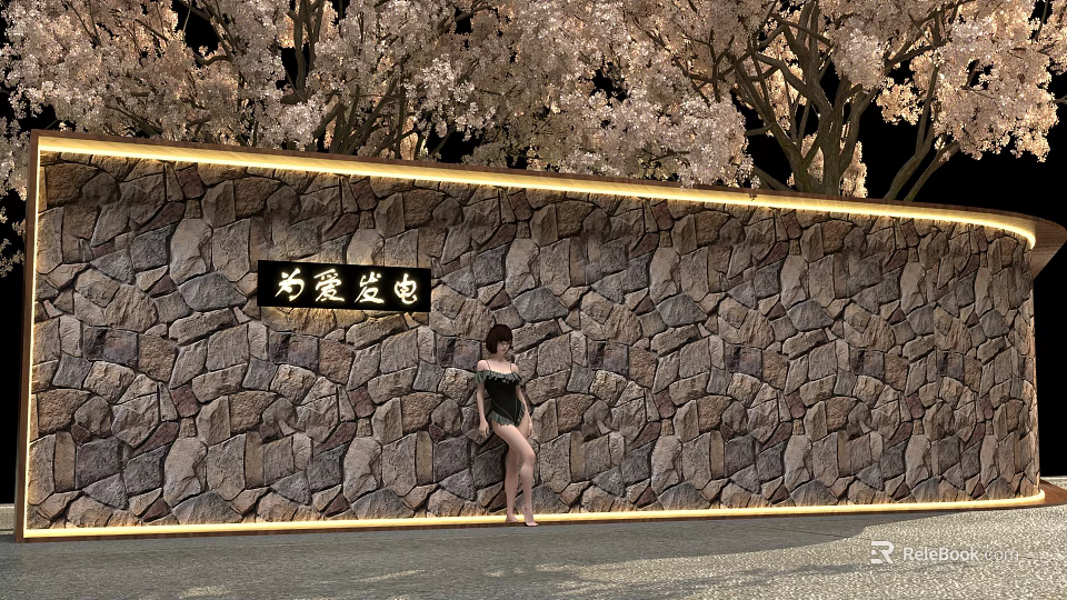 Woman Standing By Stone Wall With Love Power Sign And Cherry Blossom Trees 3d model 