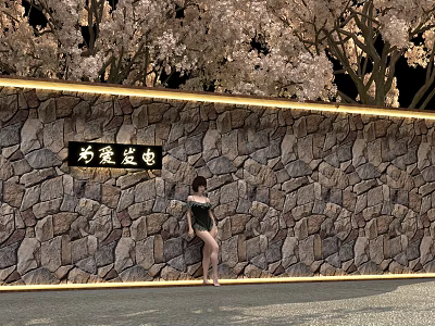 Woman Standing By Stone Wall With Love Power Sign And Cherry Blossom Trees 3d model