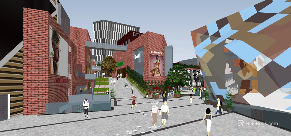 Vibrant Commercial Street With Red Brick Buildings Modern High Rise Pedestrians Greenery And Shops 3d model 