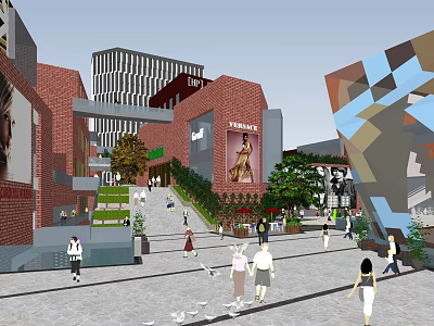 Vibrant Commercial Street With Red Brick Buildings Modern High Rise Pedestrians Greenery And Shops 3d model