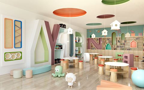 Modern Kindergarten Children's Play Area Reading Room Children's Space Kindergarten Classroom Study Desk Chair Bookshelf 3d model