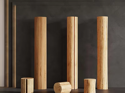 Natural Wooden Pillars And Blocks Decor On Dark Background For Home Interior 3d model
