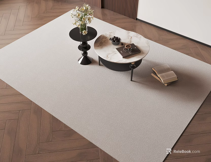 Living Room Square Rug on Wooden Floor Featuring Marble Coffee Table and Flower Vase 3d model 