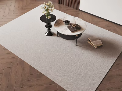 Living Room Square Rug on Wooden Floor Featuring Marble Coffee Table and Flower Vase 3d model