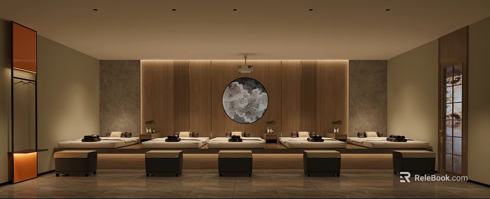 SPA Sauna Relaxing Environment With Wooden Interior Rest Beds And Round Decor 3d model 