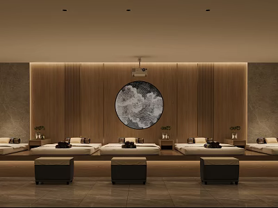 SPA Sauna Relaxing Environment With Wooden Interior Rest Beds And Round Decor 3d model