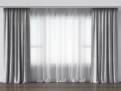 Gray Thick Curtains With White Sheer Panels For Modern Window Interior 3d model