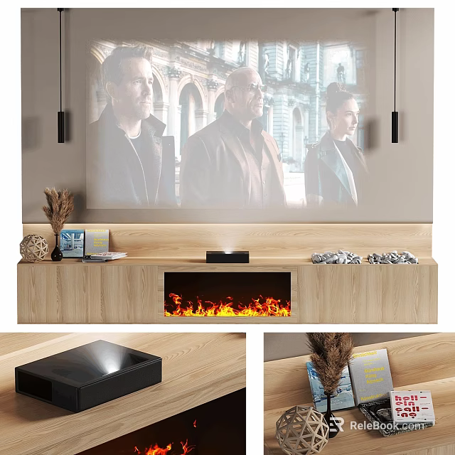 Modern TV Wall Interior With Projection Screen Fireplace Wooden Stand And Decorative Items 3d model 