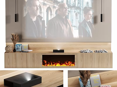 Modern TV Wall Interior With Projection Screen Fireplace Wooden Stand And Decorative Items 3d model