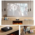 Modern TV Wall Interior With Projection Screen Fireplace Wooden Stand And Decorative Items
