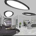 Elegant Modern Front Desk Reception Area Design With Circular Lighting And Purple Sofa Decorative Wall