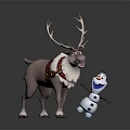 Cheerful Reindeer With Harness Standing Next To Playful Snowman Animated Movie Characters
