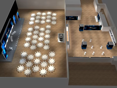Exhibition Hall Layout With White Round Tables Chairs And Blue Light Displays 3d model